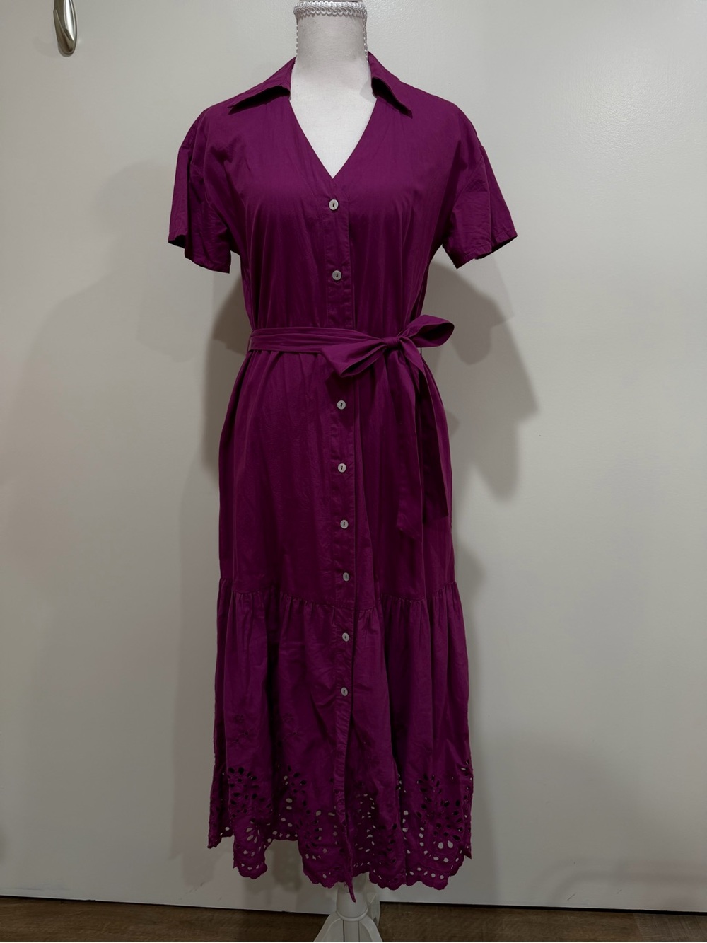Mango Magenta Button-Front Midi  Dress with Tie Waist